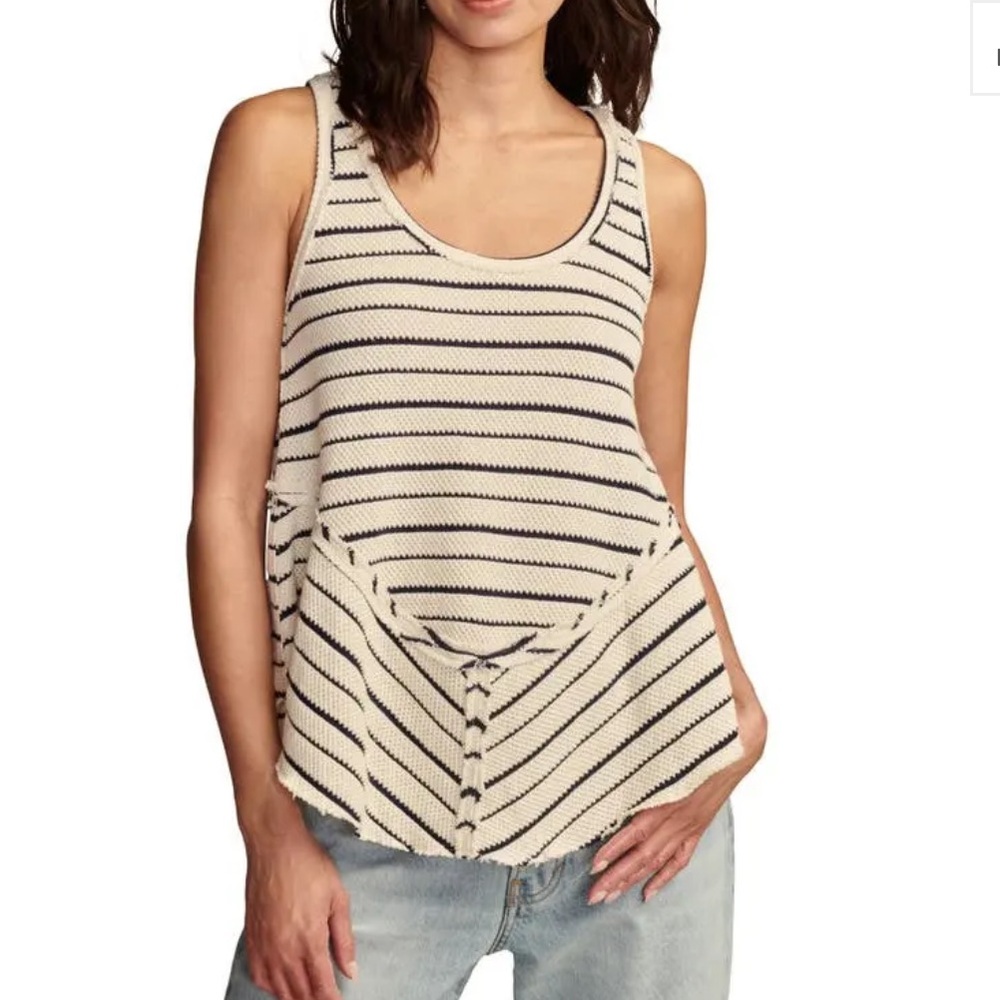 Lucky Brand Tank Cream Blue Stripe Peplum Shirt Knit Casual Scoop Neck Size S